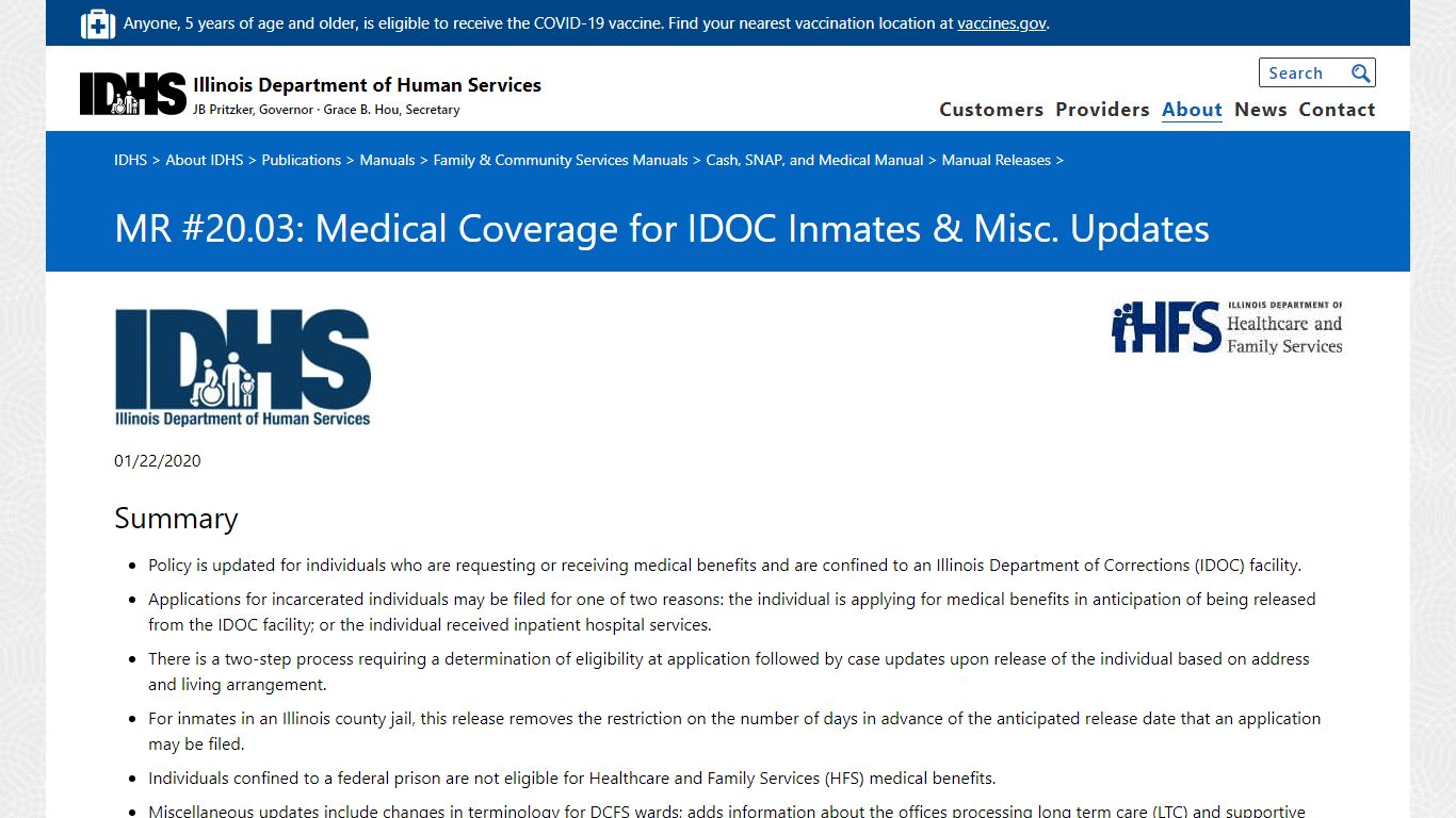 MR #20.03: Medical Coverage for IDOC Inmates & Misc. Updates